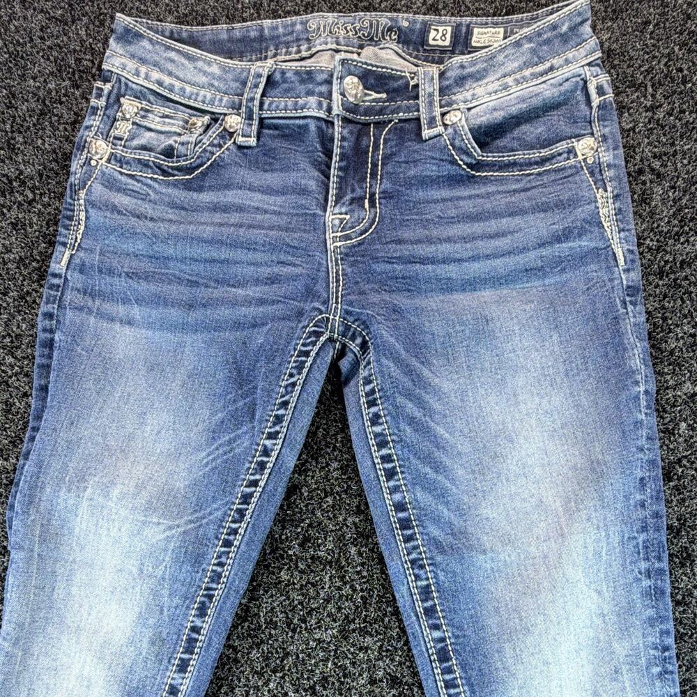 Miss Me Signature Ankle Skinny Jeans Women's 28 Blue Embroidered Back Pockets